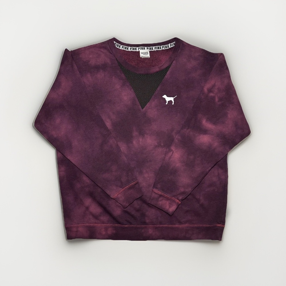 VS PINK Marbled Maroon‎ Crewneck Mesh Pullover Tye Dye Dog Logo Women’s Size L